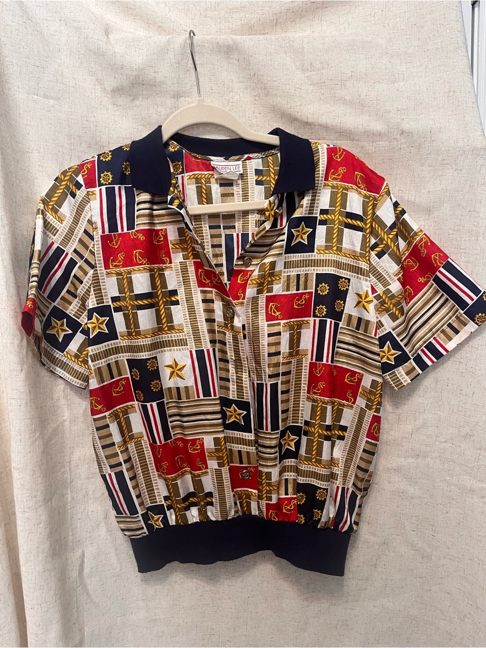 VINTAGE Lauren Lee Nautical Rope Print Top - Red, Navy, Gold